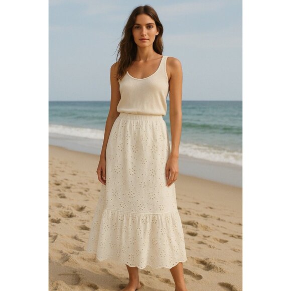 JOIE Dresses & Skirts - Joie White Eyelet Embroidered Midi Skirt XS –‎ Boho Coastal Cotton Ruffle Skirt